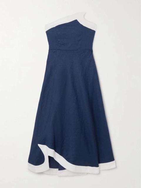STAUD Sirani strapless asymmetric two-tone linen midi dress