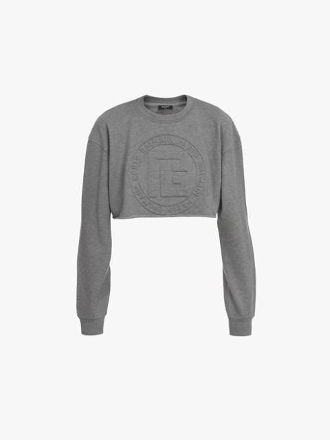 Balmain Cropped heather gray sweatshirt with embossed Balmain logo