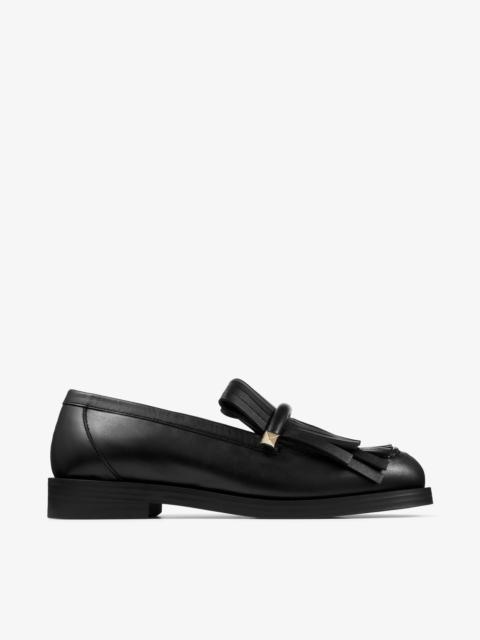 JIMMY CHOO Eska Loafer Black Leather Loafers with Fringed Detail