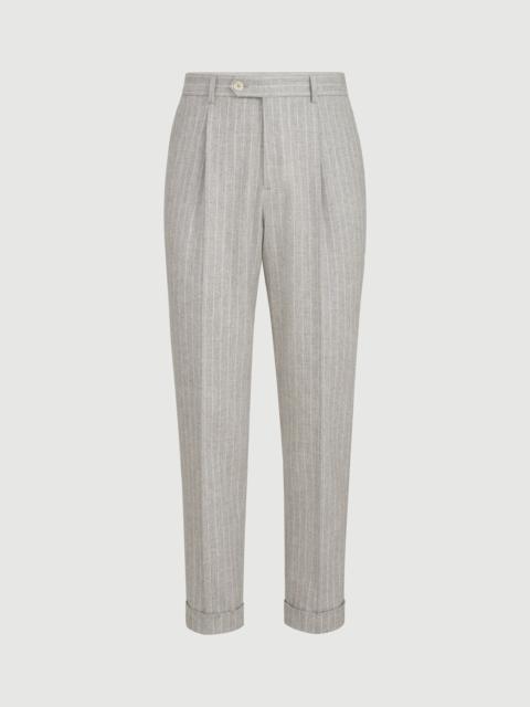 Brunello Cucinelli Virgin wool and cashmere chalk stripe flannel trousers with pleat