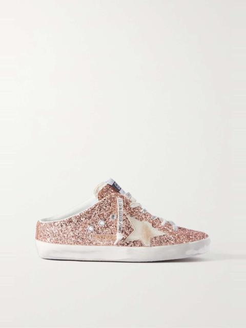 Super-Star Sabot distressed suede-trimmed glittered leather slip-on sneakers