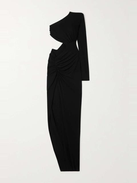 One-sleeve cutout ruched stretch-crepe maxi dress