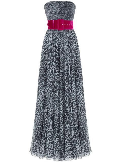 RASARIO STRAPLESS LEOPARD CORSET GOWN