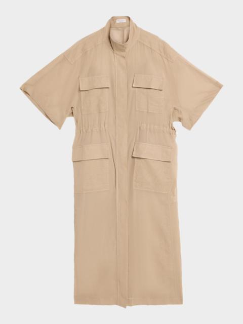 Brunello Cucinelli Short-Sleeve Cotton Utility Midi Dress