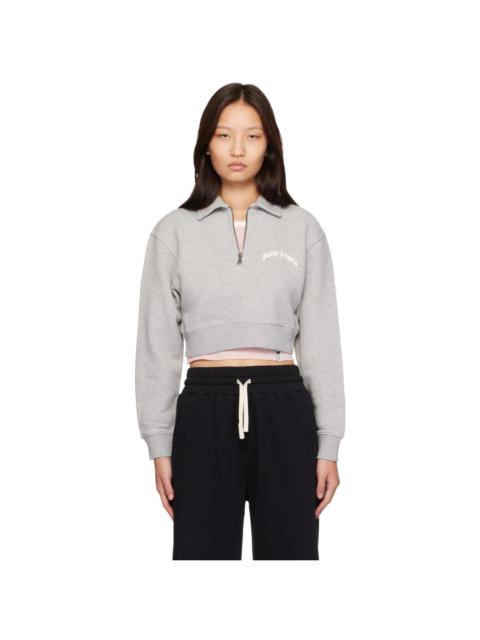 Palm Angels Gray Curved Logo Crop Crew Long Sleeve Polo