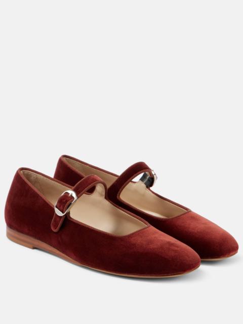 Leather-trimmed velvet Mary Jane flats