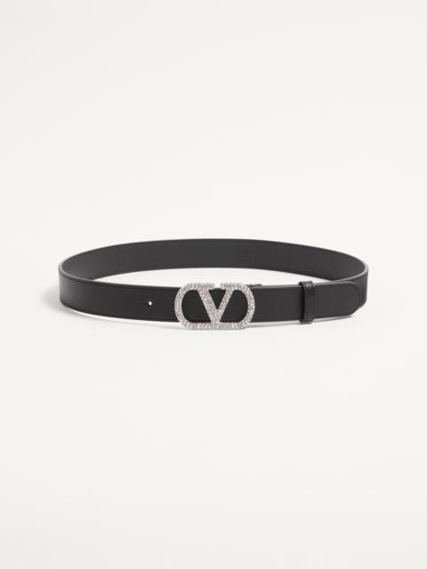 Valentino VLOGO SIGNATURE BELT IN SHINY CALFSKIN WITH CRYSTALS 30 MM