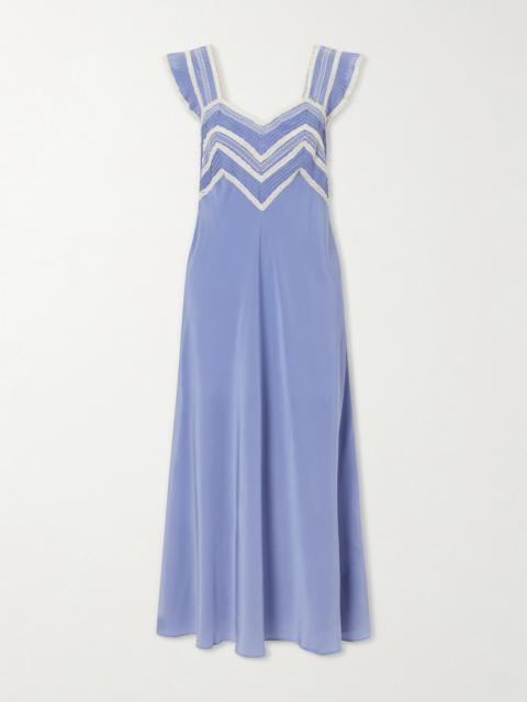 RIXO Bailee Crochet-trimmed Silk-crepe De Chine Midi Dress