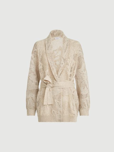 Brunello Cucinelli Dazzling water lillies belted cardigan in linen and cotton