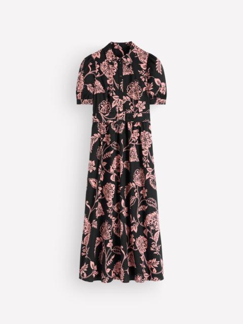 BODEN Belted Cotton Midi Dress-Black, Planted Meadows