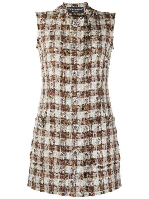 Embellished Checked Tweed Shift Dress