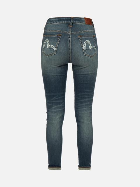 EVISU GRAFFITI DARUMA AND LOGO-PATTERN SEAGULL SKINNY JEANS