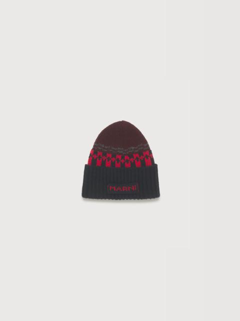 Marni RED WOOL BEANIE WITH GEOMETRIC MOTIF