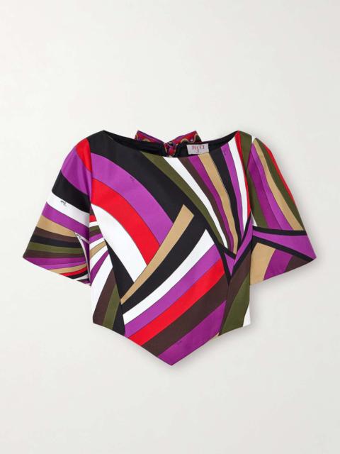 Asymmetric cropped printed silk-twill blouse