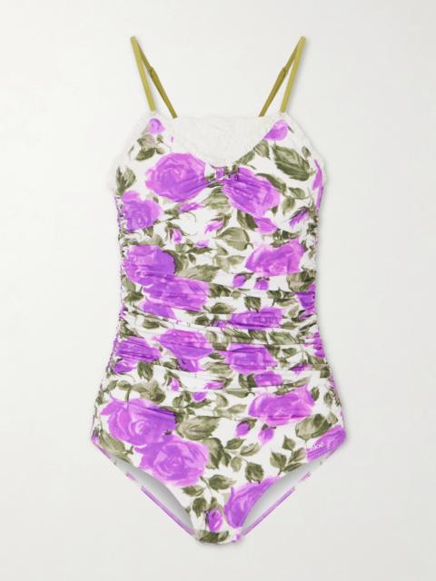 Chloé Bow-detailed Ruched Lace-trimmed Floral-print Swimsuit