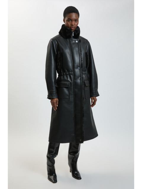 KAREN MILLEN Padded Faux Leather & Faux Fur Midi Coat