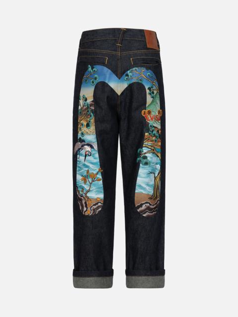 EVISU Pine-pattern Daicock Print with Crane and Logo Embroidery Wide Leg Jeans
