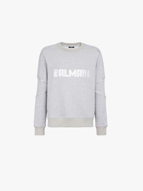 Balmain Gray cotton sweatshirt with embossed silver Balmain Paris logo print