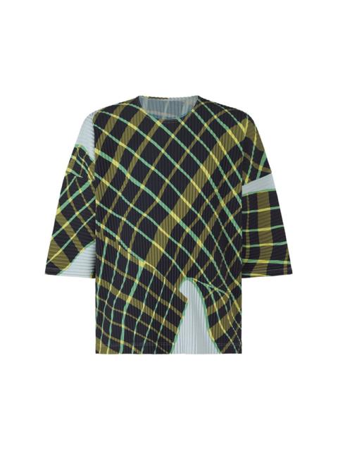 ISSEY MIYAKE WINDSWEPT PLAID LONG-SLEEVE T-SHIRT - BLUE GRAY