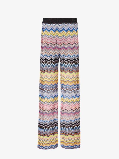 Chevron-stripe wide-leg mid-rise knitted trousers