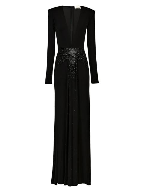 THE NEW ARRIVALS ILKYAZ OZEL Women's Azure Rhinestone Plunging V-neck Jersey Gown - Magie Noire