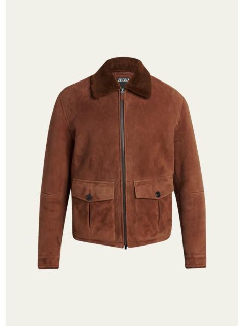 ZEGNA Men's Suede Short Shearling-Collar Aviator Jacket