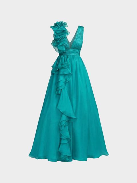 MAC DUGGAL Sleeveless Deep V-Neck Ruffle Gown