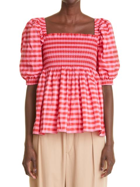 Women's Axel Gingham Smocked Taffeta Top in Pink/Red