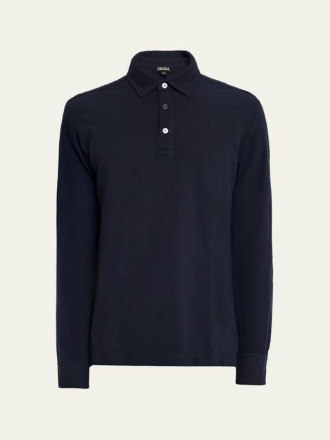 ZEGNA Men's Leather-Trim Cotton Long-Sleeve Polo Shirt