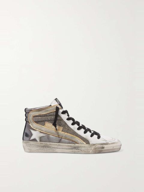 Slide distressed suede-trimmed leather and Lurex high-top sneakers
