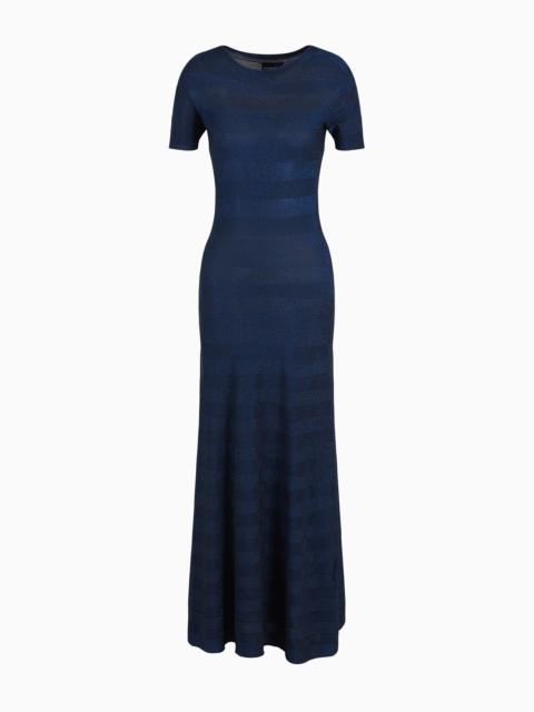 Seamless long dress in a viscose knit striped-effect knit and purl construction