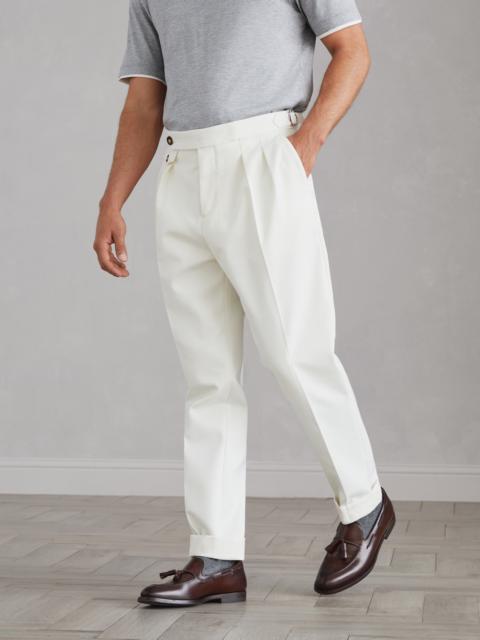 Cotton and virgin wool gabardine tailor fit trousers with reversed double pleats and waist tabs