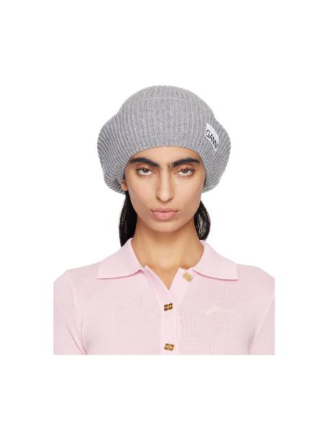 GANNI Gray Wool Rib Knit Beret