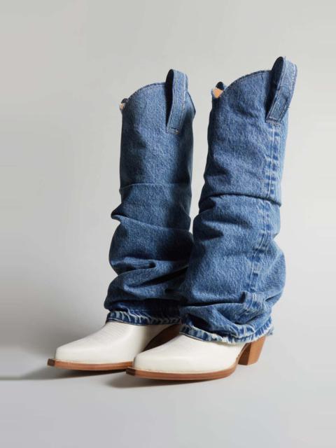 R13 MID COWBOY BOOTS WITH DENIM SLEEVE - BLUE AND WHITE