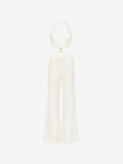 Roberto Cavalli White Jumpsuit with Scale Print and Cut-Out Detailing