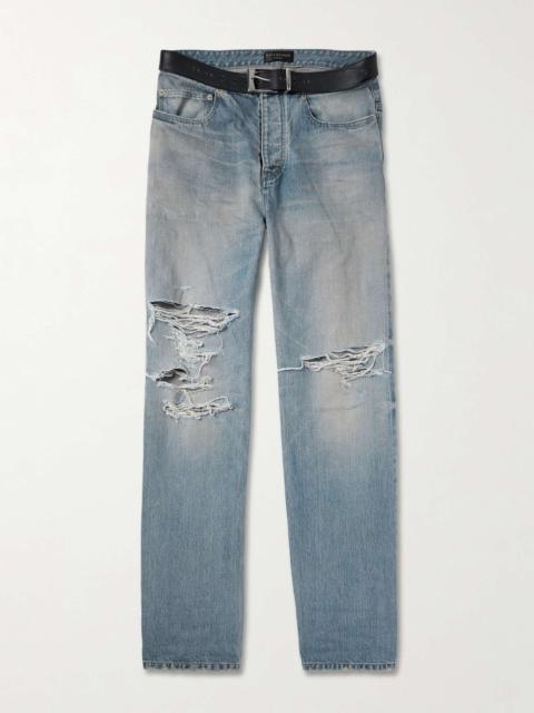 BALENCIAGA Straight-Leg Belted Distressed Selvedge Jeans