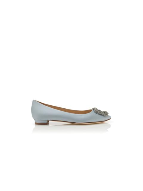 Manolo Blahnik Light Blue Satin Jewel Buckle Flat Pumps