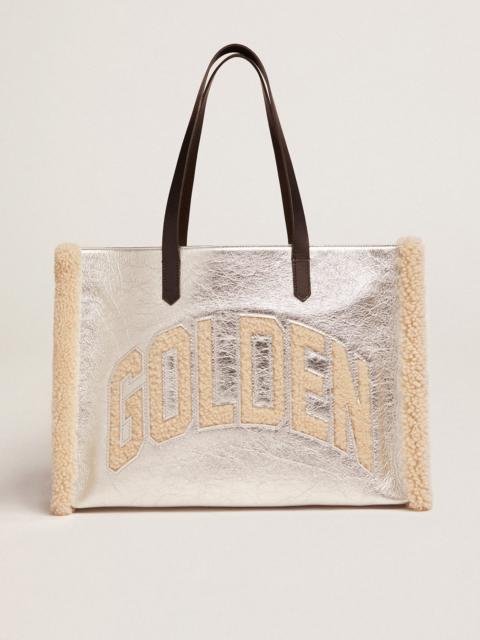 Golden Goose East-West California Bag in silver laminated leather with merino wool inserts