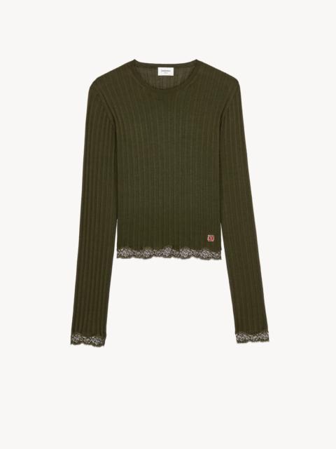 SAINT LAURENT CASSANDRE LACED TOP IN RIBBED WOOL, CASHMERE, AND SILK