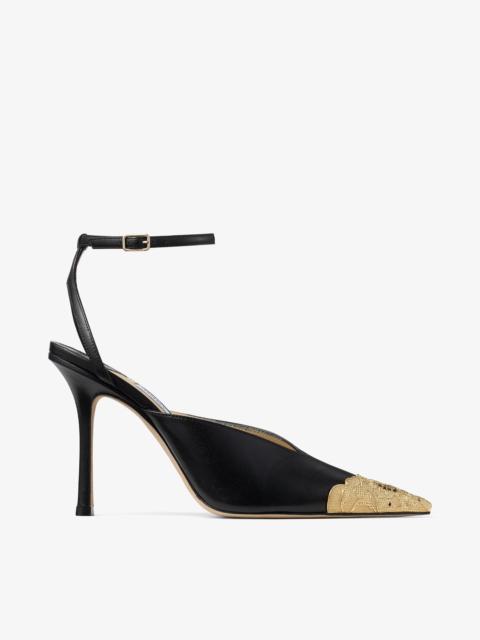 JIMMY CHOO Faiz 100 Black and Vintage Gold Leather Pumps with Metal Lace Detail