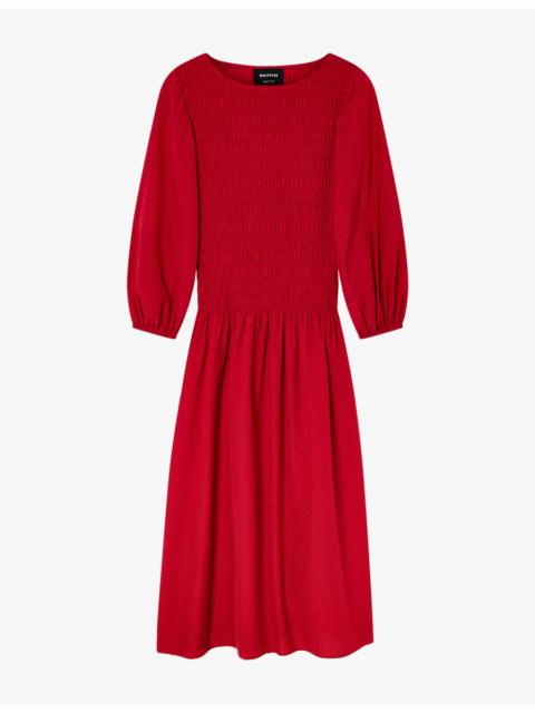 WHISTLES Smocked-Bodice Long-Sleeve Woven Midi Dress