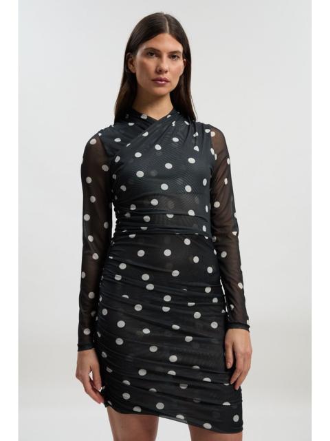 KAREN MILLEN Polka Dot Mesh Ruched Long Sleeve Mini Dress