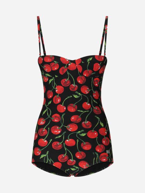 Cherry-print balconette one-piece swimsuit