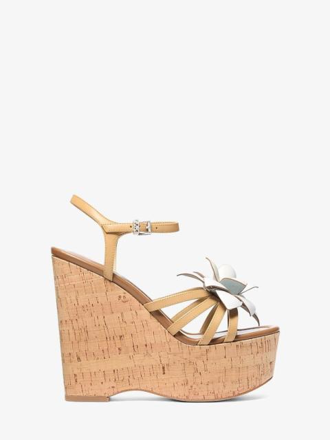 MICHAEL KORS Jacie Floral Embellished Leather Wedge Sandal