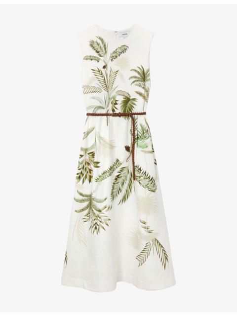 REISS Palma Palm-Print Linen Midi Dress