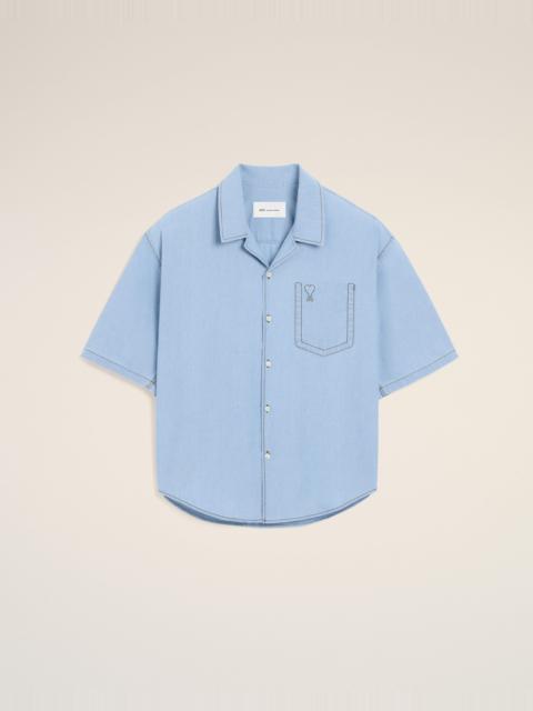 AMI Paris BLUE BOXY COTTON SHORT-SLEEVE SHIRT WITH AMI DE COEUR
