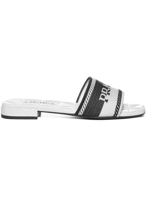 Prada Prada Logo Embroidered Sandals White Black Cotton