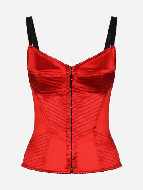 Satin corset with top-stitching and hook-and-eye fastenings
