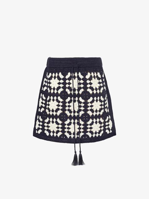 FRAME Crochet tassel-embellished cotton-blend knitted mini skirt