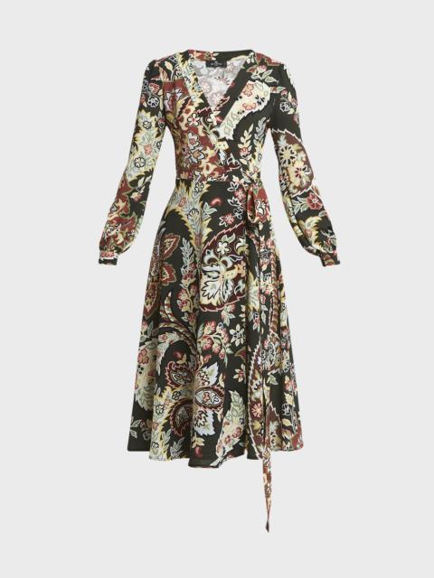 Blossom-Print Long-Sleeve Midi Wrap Dress